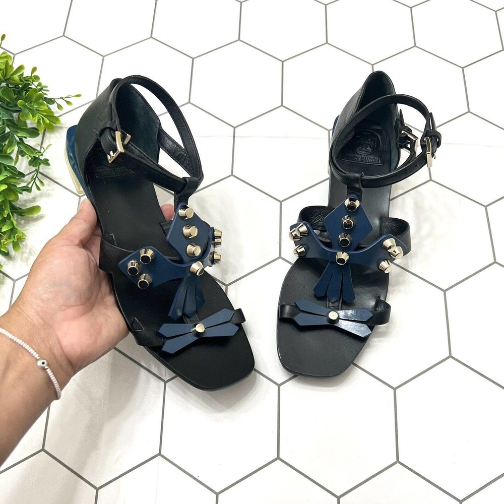 Tory Burch Aurora Leather Gold Studded Ankle-Strap Sandals Blue and Black Size 6